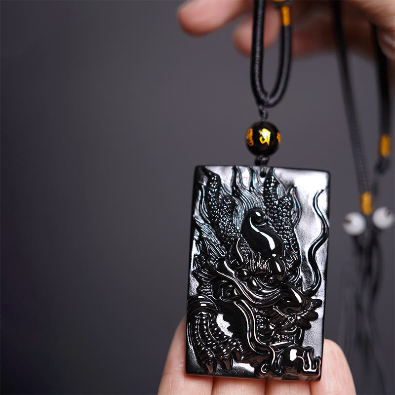 Nimara Ritual Natural Black Obsidian Rectangular Dragon Engraved Success Necklace Pendant