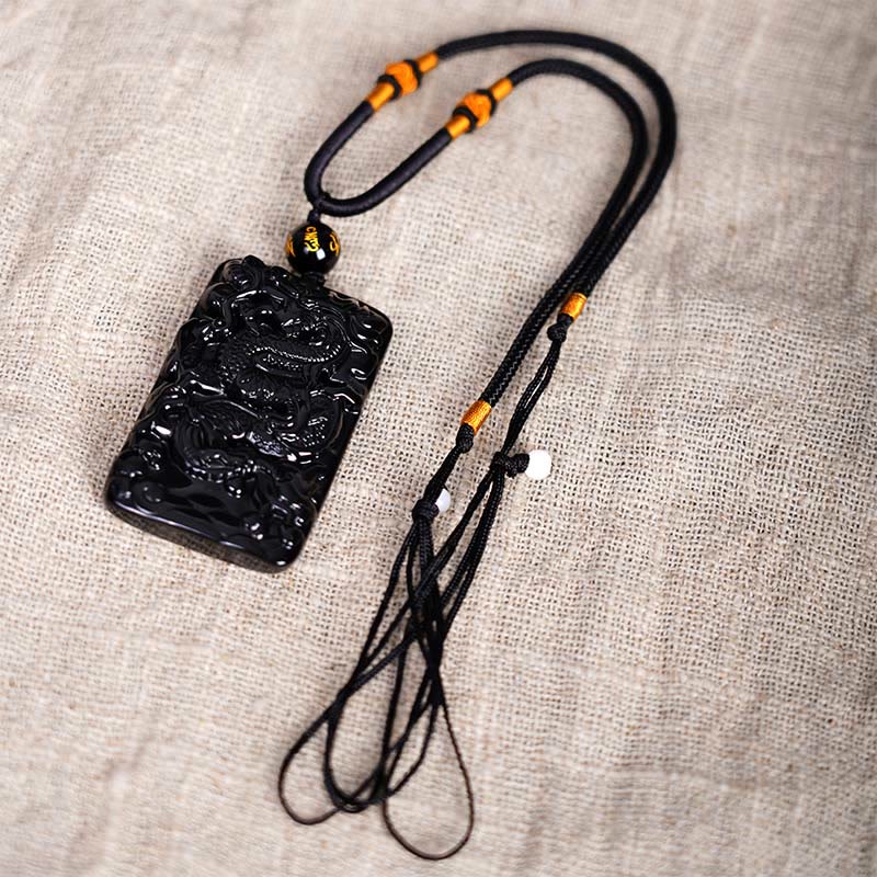 Nimara Ritual Natural Black Obsidian Rectangular Dragon Engraved Success Necklace Pendant