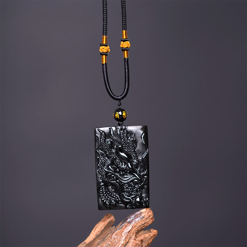 Nimara Ritual Natural Black Obsidian Rectangular Dragon Engraved Success Necklace Pendant