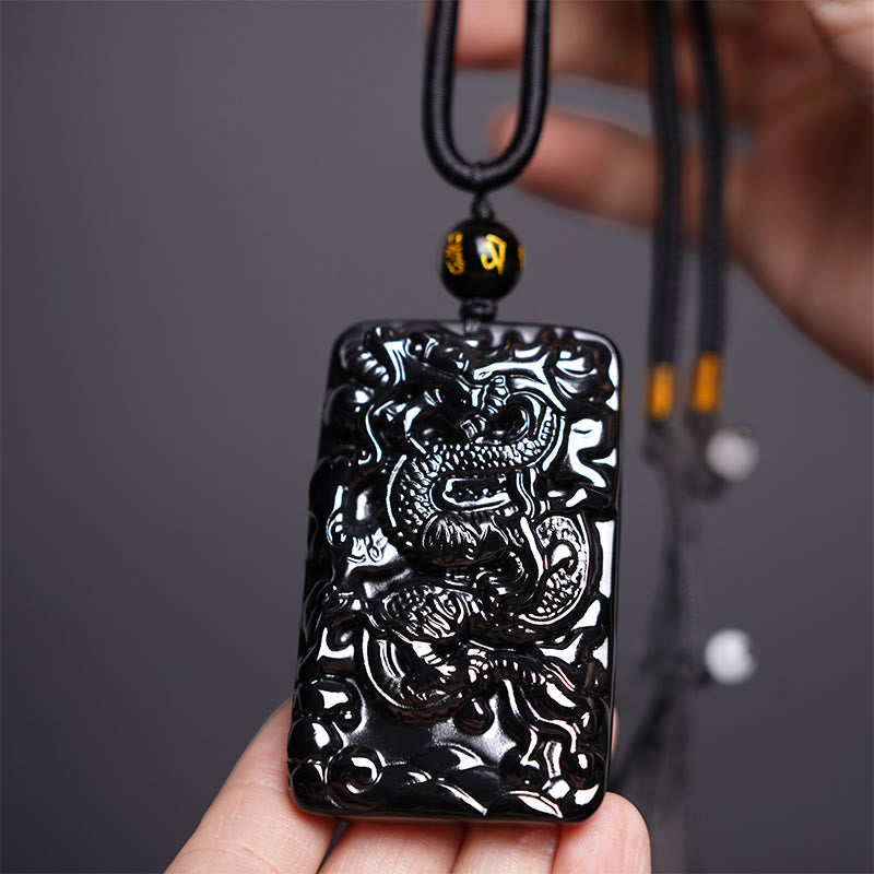 Nimara Ritual Natural Black Obsidian Rectangular Dragon Engraved Success Necklace Pendant