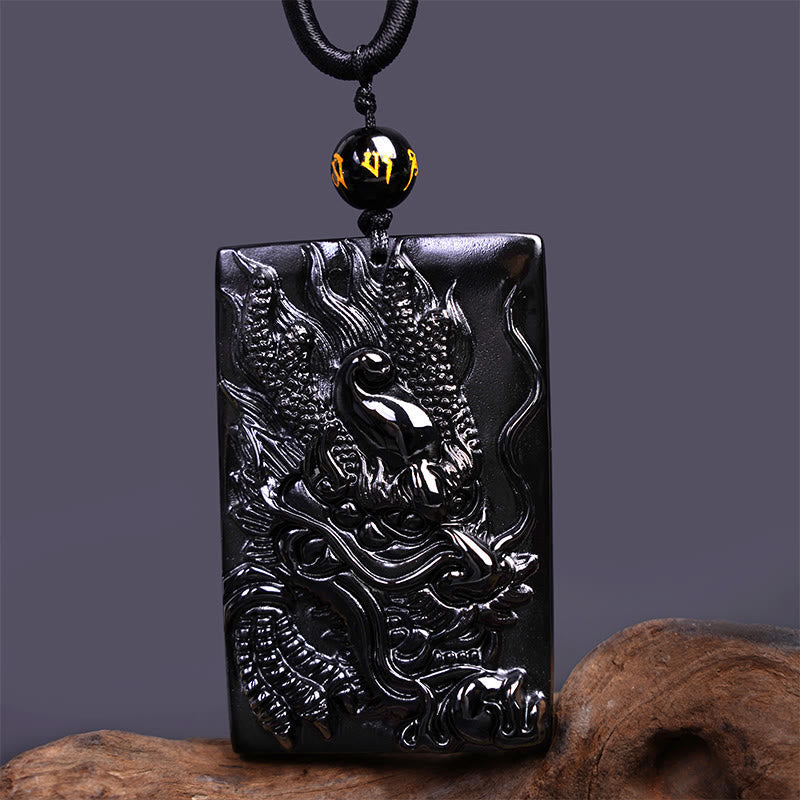 Nimara Ritual Natural Black Obsidian Rectangular Dragon Engraved Success Necklace Pendant