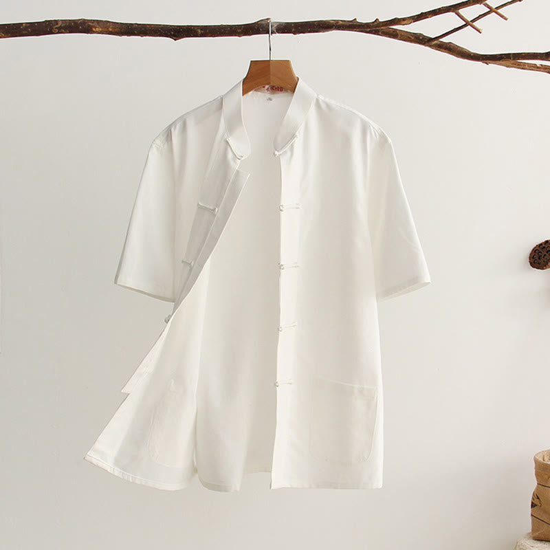 Nimara Ritual Chinese Frog-Button Tang Suit Men's Short Sleeve Cotton Shirt With Pockets