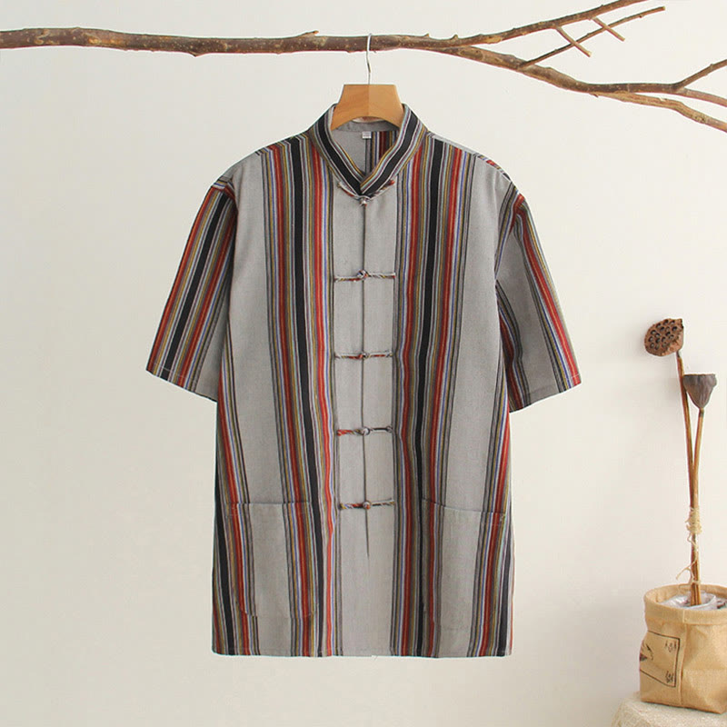 Nimara Ritual Chinese Frog-Button Tang Suit Men's Short Sleeve Cotton Shirt With Pockets