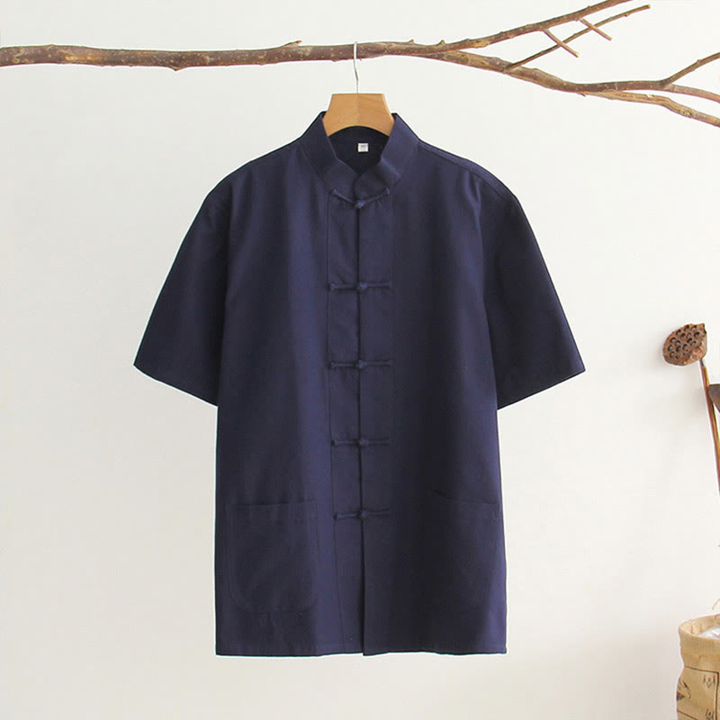 Nimara Ritual Chinese Frog-Button Tang Suit Men's Short Sleeve Cotton Shirt With Pockets