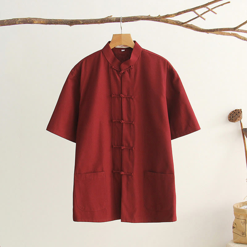 Nimara Ritual Chinese Frog-Button Tang Suit Men's Short Sleeve Cotton Shirt With Pockets