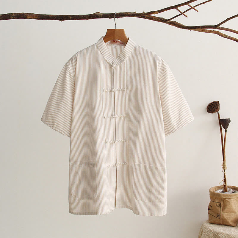 Nimara Ritual Chinese Frog-Button Tang Suit Men's Short Sleeve Cotton Shirt With Pockets