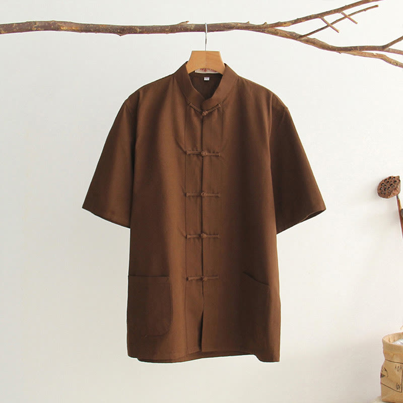 Nimara Ritual Chinese Frog-Button Tang Suit Men's Short Sleeve Cotton Shirt With Pockets