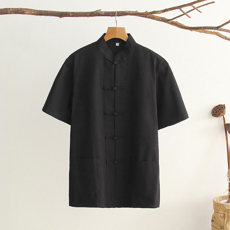 Nimara Ritual Chinese Frog-Button Tang Suit Men's Short Sleeve Cotton Shirt With Pockets