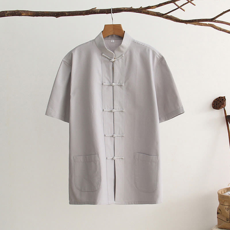 Nimara Ritual Chinese Frog-Button Tang Suit Men's Short Sleeve Cotton Shirt With Pockets