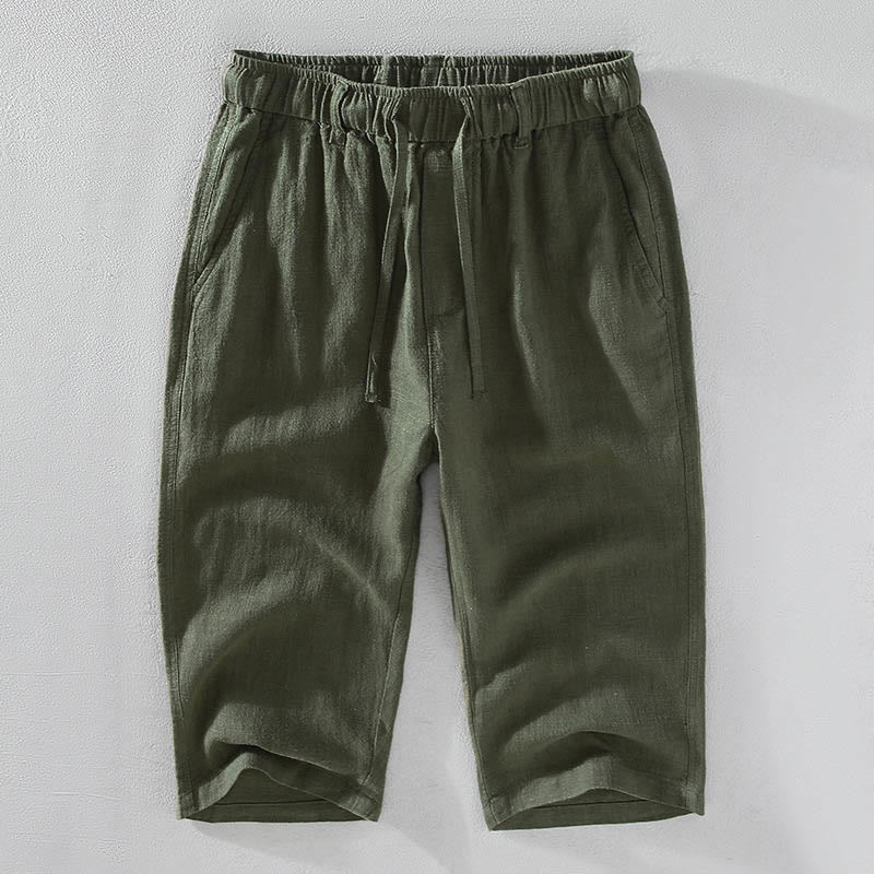 Nimara Ritual Men's Solid Color Ramie Linen Drawstring Cropped Pants With Pockets