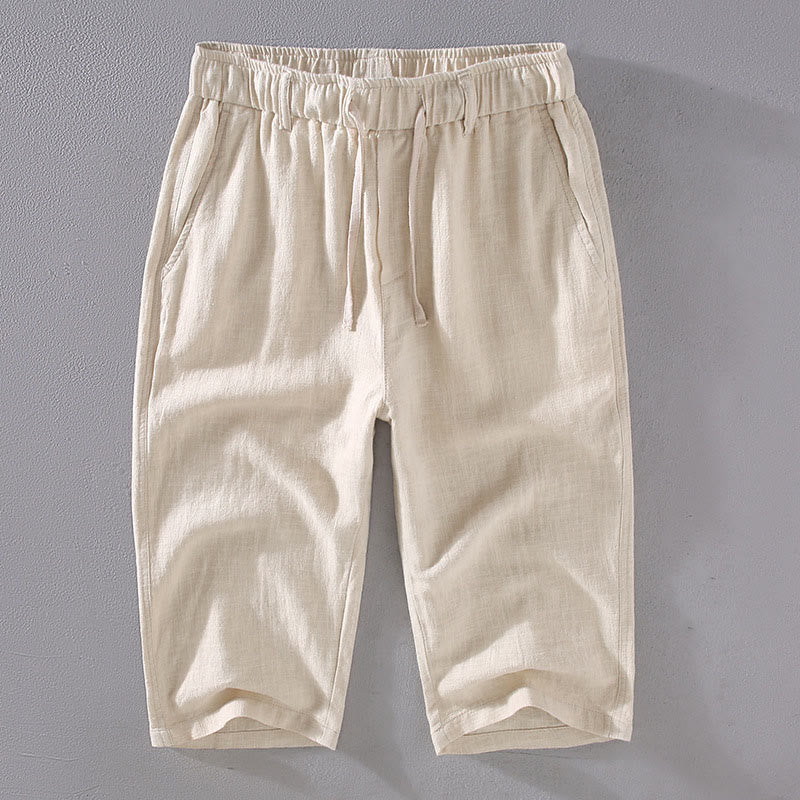 Nimara Ritual Men's Solid Color Ramie Linen Drawstring Cropped Pants With Pockets