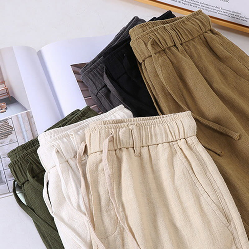 Nimara Ritual Men's Solid Color Ramie Linen Drawstring Cropped Pants With Pockets