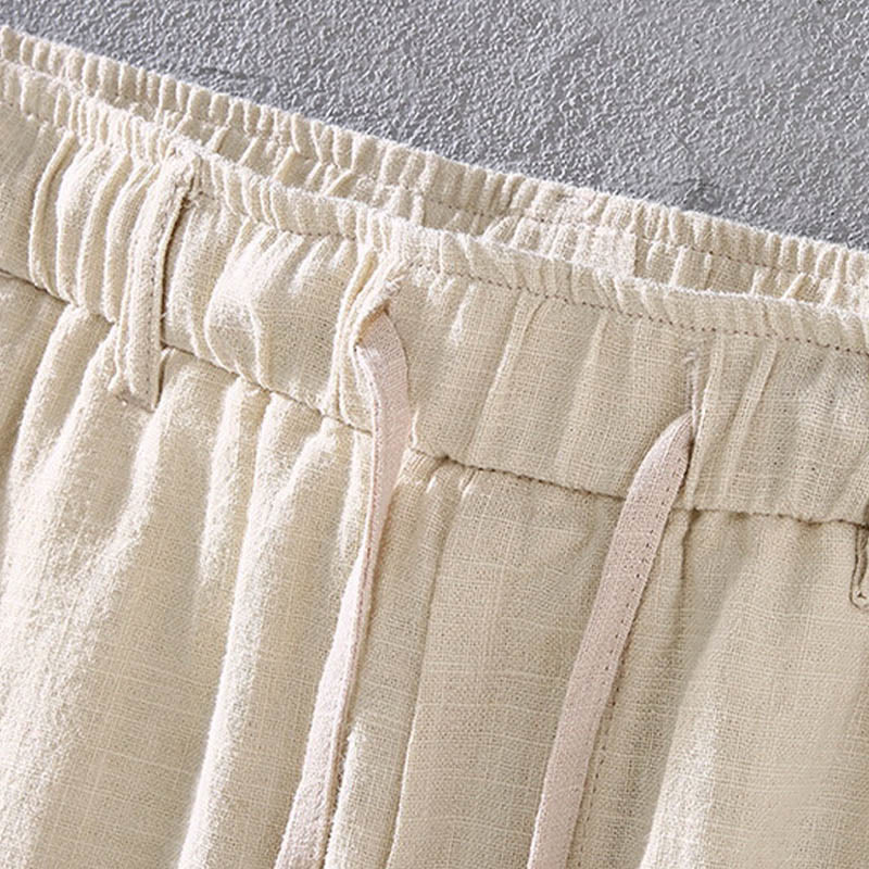Nimara Ritual Men's Solid Color Ramie Linen Drawstring Cropped Pants With Pockets