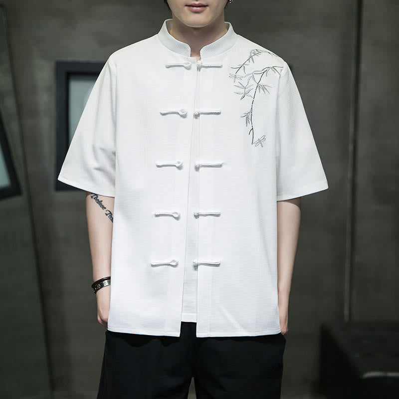 Nimara Ritual Frog-Button Leaf Dragonfly Embroidery Men's Short Sleeve Shirt