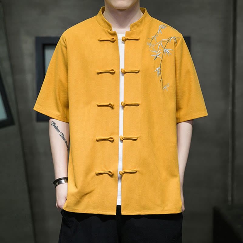 Nimara Ritual Frog-Button Leaf Dragonfly Embroidery Men's Short Sleeve Shirt
