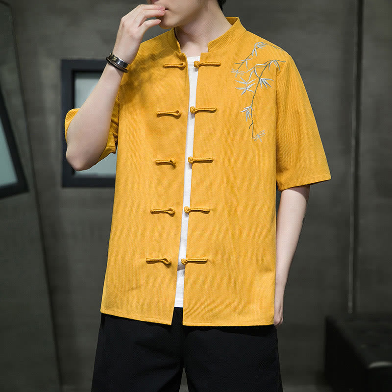 Nimara Ritual Frog-Button Leaf Dragonfly Embroidery Men's Short Sleeve Shirt