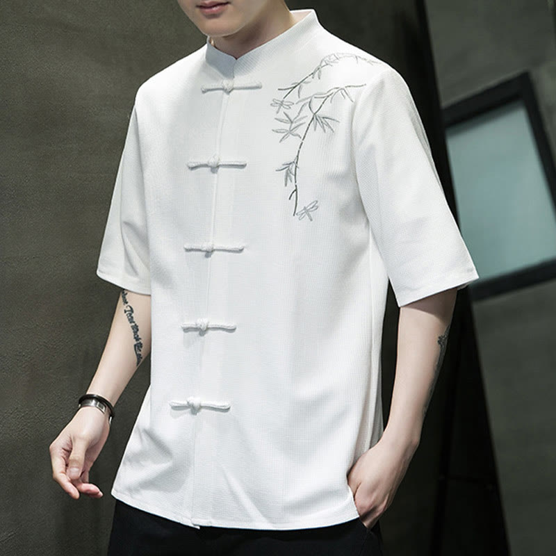 Nimara Ritual Frog-Button Leaf Dragonfly Embroidery Men's Short Sleeve Shirt