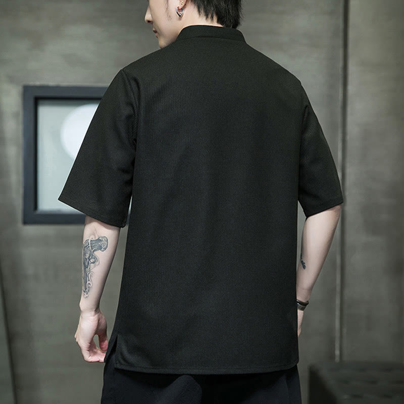 Nimara Ritual Frog-Button Leaf Dragonfly Embroidery Men's Short Sleeve Shirt