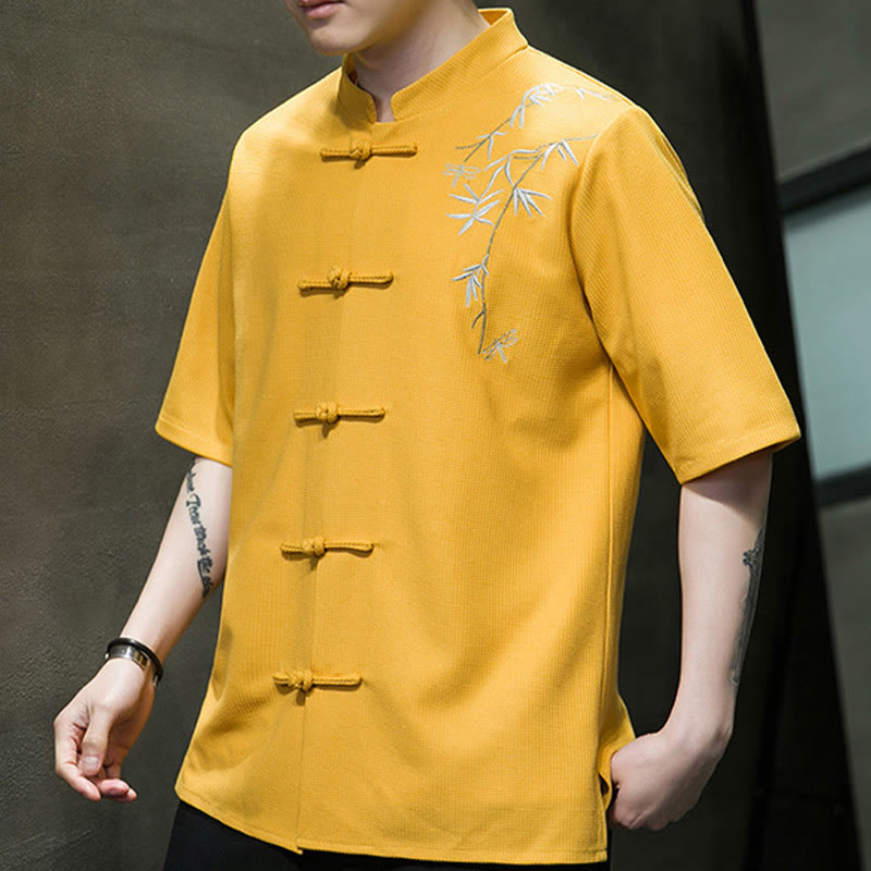 Nimara Ritual Frog-Button Leaf Dragonfly Embroidery Men's Short Sleeve Shirt