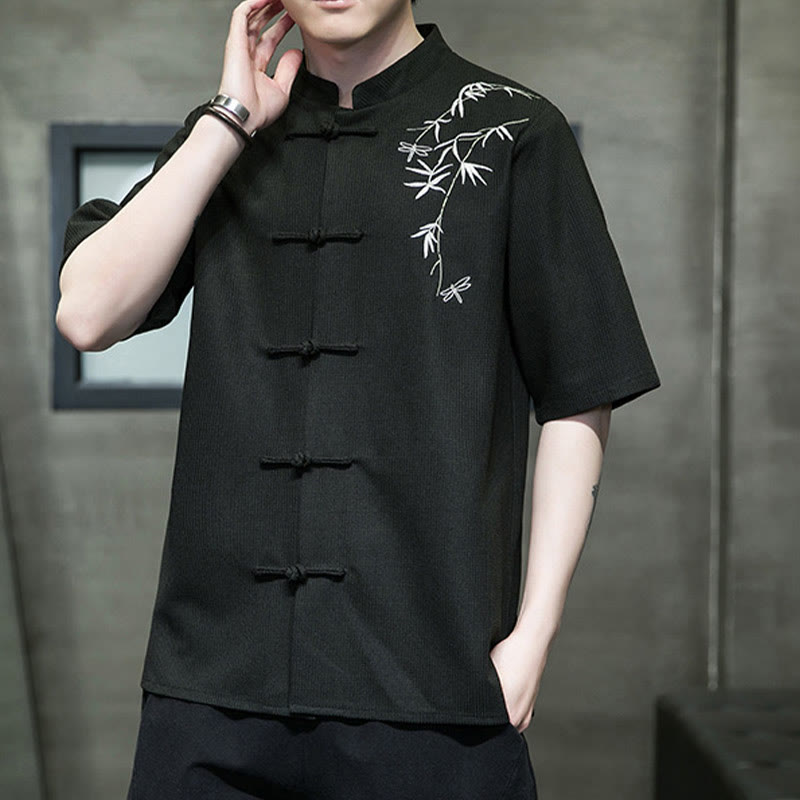 Nimara Ritual Frog-Button Leaf Dragonfly Embroidery Men's Short Sleeve Shirt