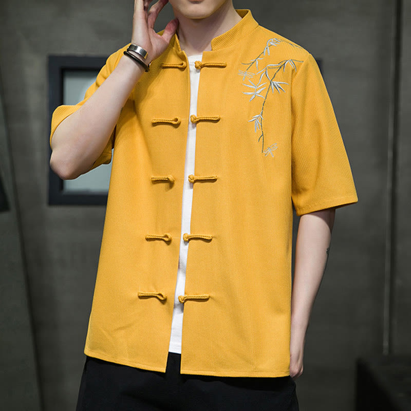 Nimara Ritual Frog-Button Leaf Dragonfly Embroidery Men's Short Sleeve Shirt