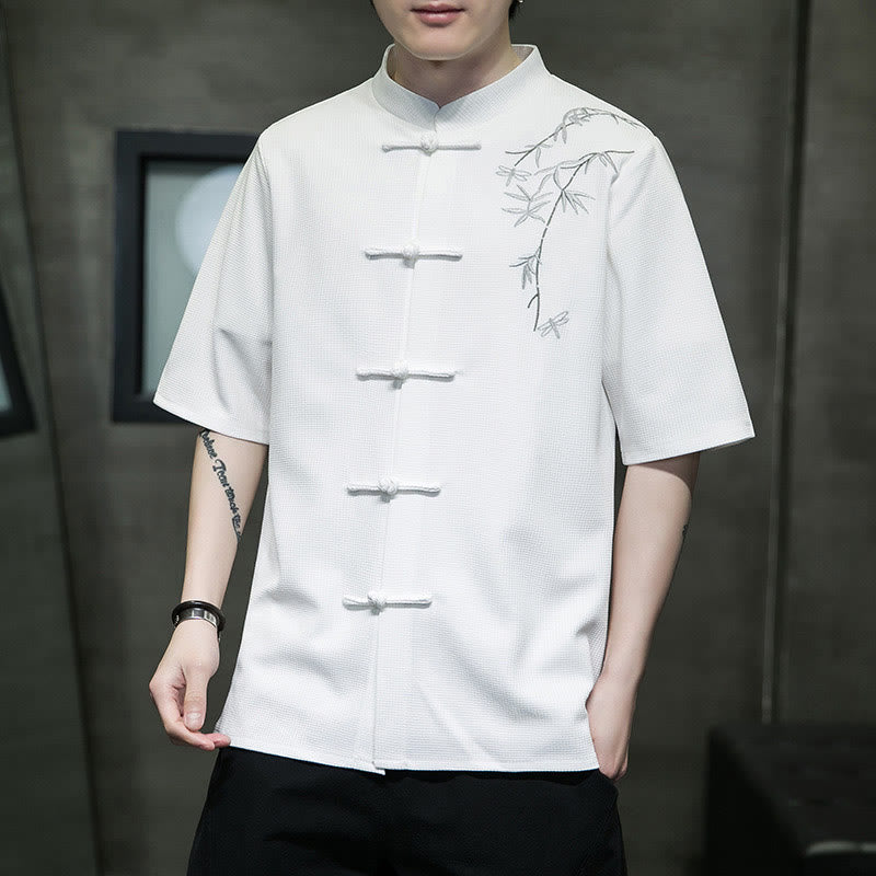 Nimara Ritual Frog-Button Leaf Dragonfly Embroidery Men's Short Sleeve Shirt