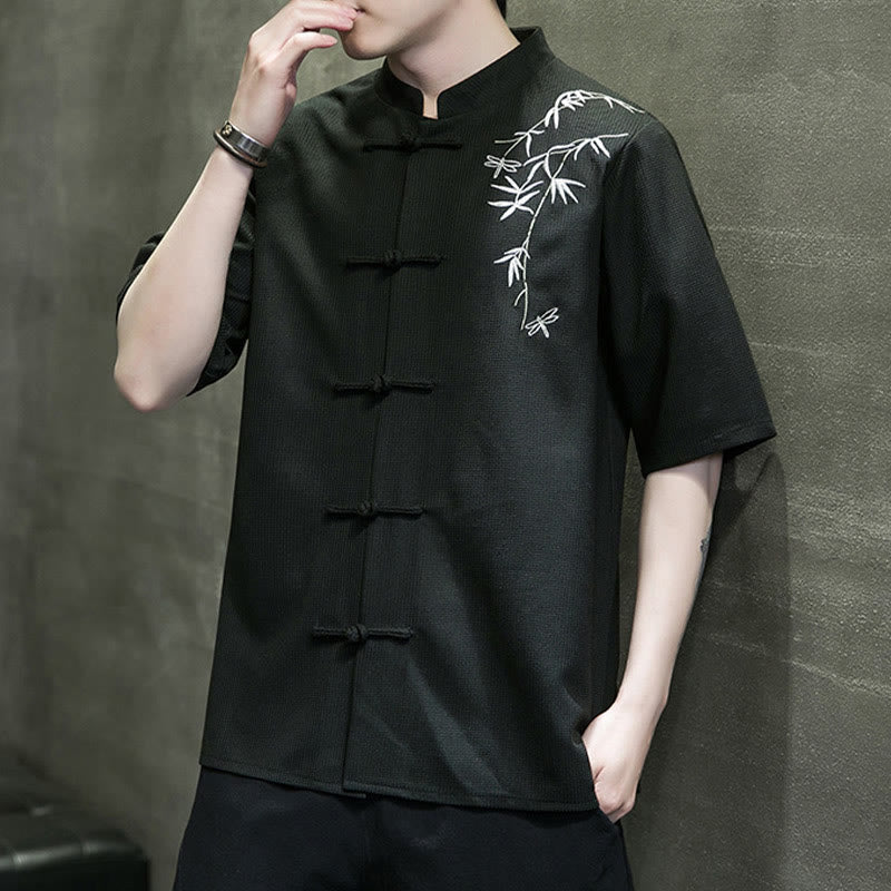 Nimara Ritual Frog-Button Leaf Dragonfly Embroidery Men's Short Sleeve Shirt