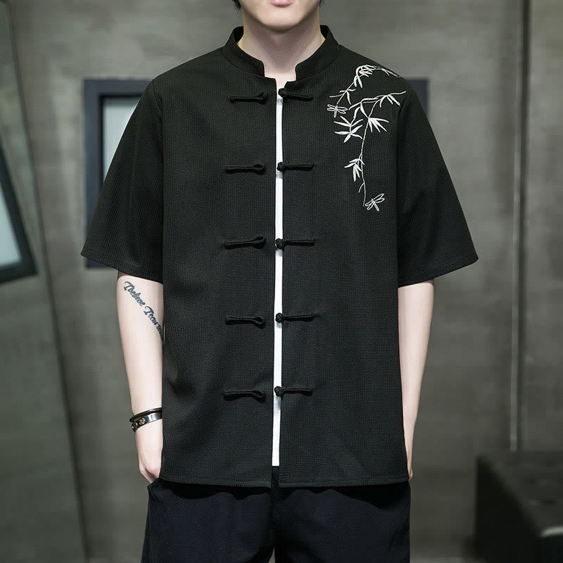 Nimara Ritual Frog-Button Leaf Dragonfly Embroidery Men's Short Sleeve Shirt