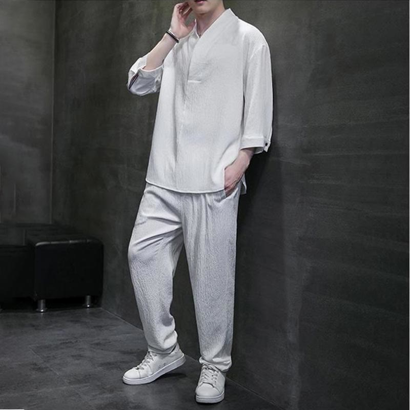 Nimara Ritual Solid Color Three Quarter Sleeve Shirt Casual Pants Clothing Men's Set