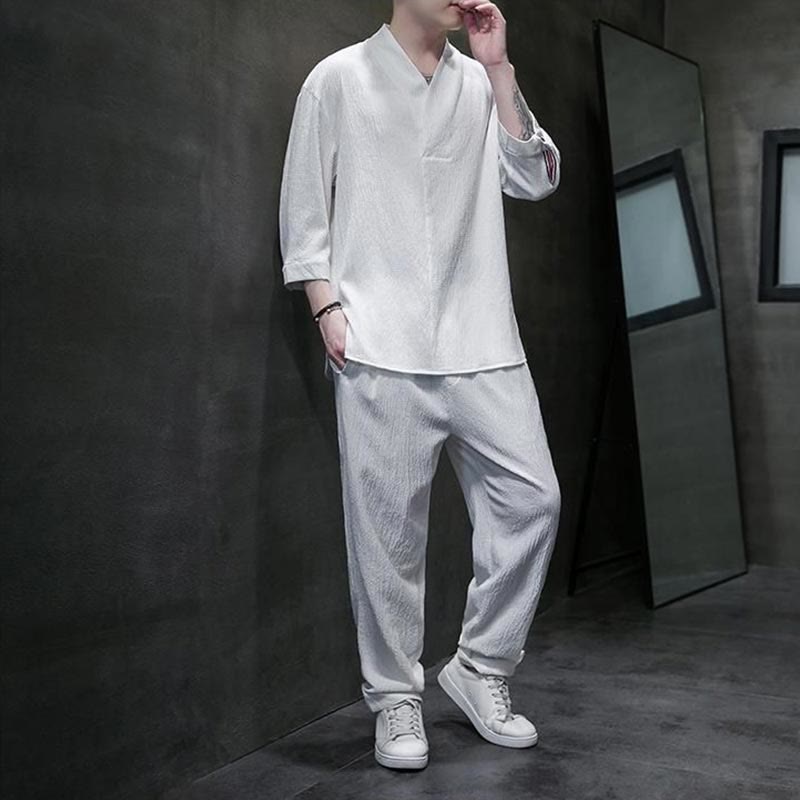 Nimara Ritual Solid Color Three Quarter Sleeve Shirt Casual Pants Clothing Men's Set