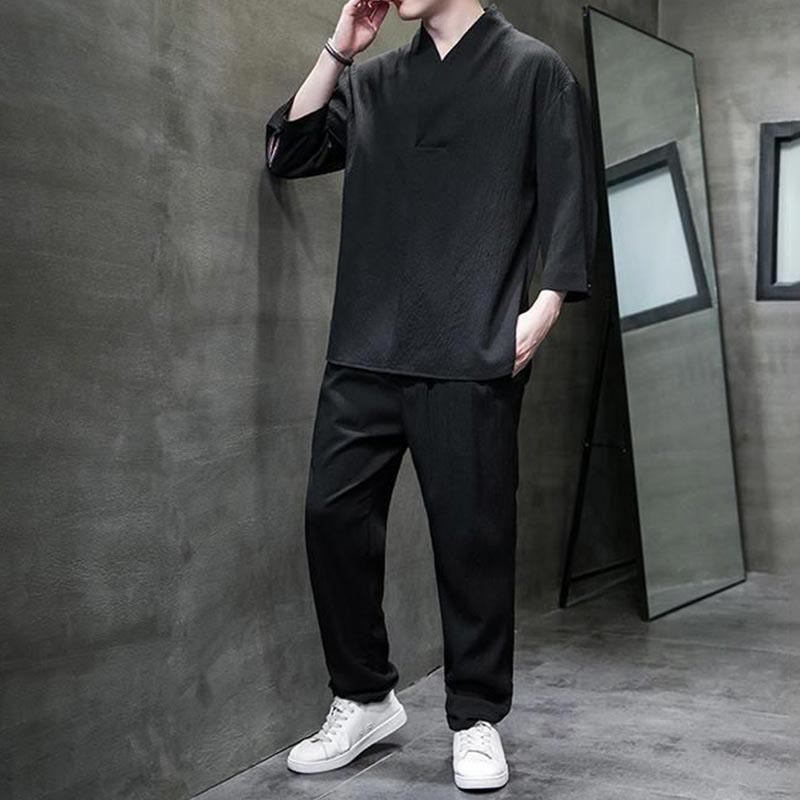 Nimara Ritual Solid Color Three Quarter Sleeve Shirt Casual Pants Clothing Men's Set