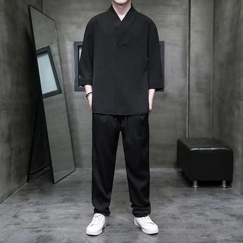 Nimara Ritual Solid Color Three Quarter Sleeve Shirt Casual Pants Clothing Men's Set