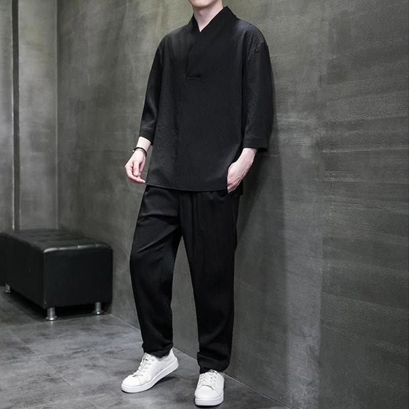 Nimara Ritual Solid Color Three Quarter Sleeve Shirt Casual Pants Clothing Men's Set