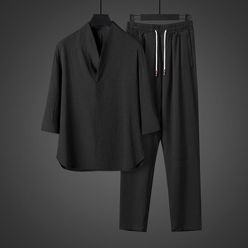 Nimara Ritual Solid Color Three Quarter Sleeve Shirt Casual Pants Clothing Men's Set