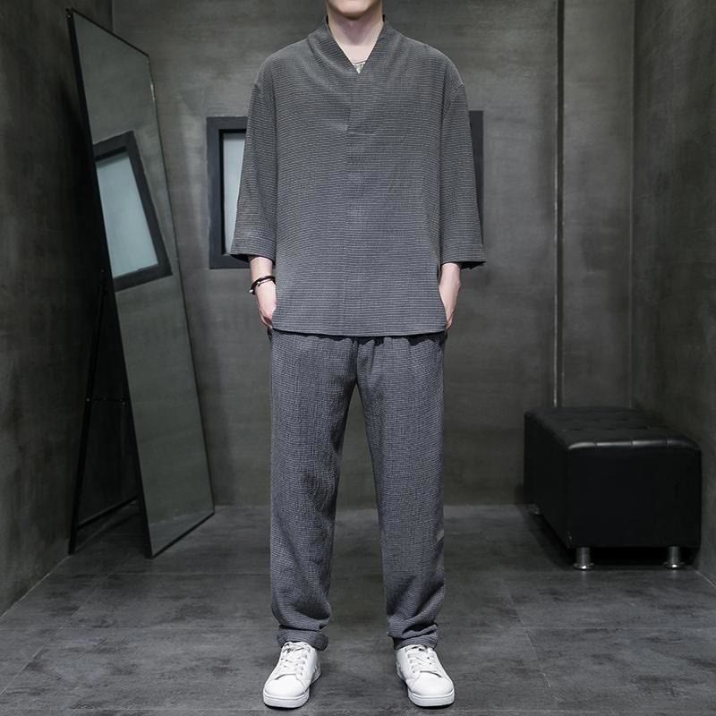 Nimara Ritual Solid Color Three Quarter Sleeve Shirt Casual Pants Clothing Men's Set