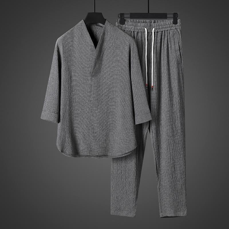 Nimara Ritual Solid Color Three Quarter Sleeve Shirt Casual Pants Clothing Men's Set