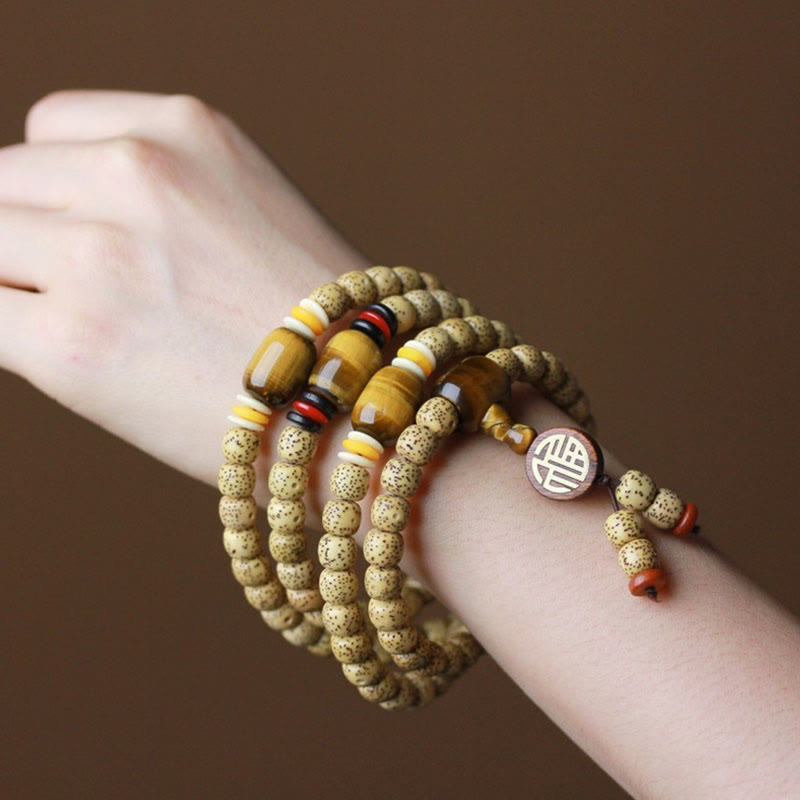 Nimara Ritual 108 Mala Beads Bodhi Seed Tiger's Eye Fu Character Peace Bracelet