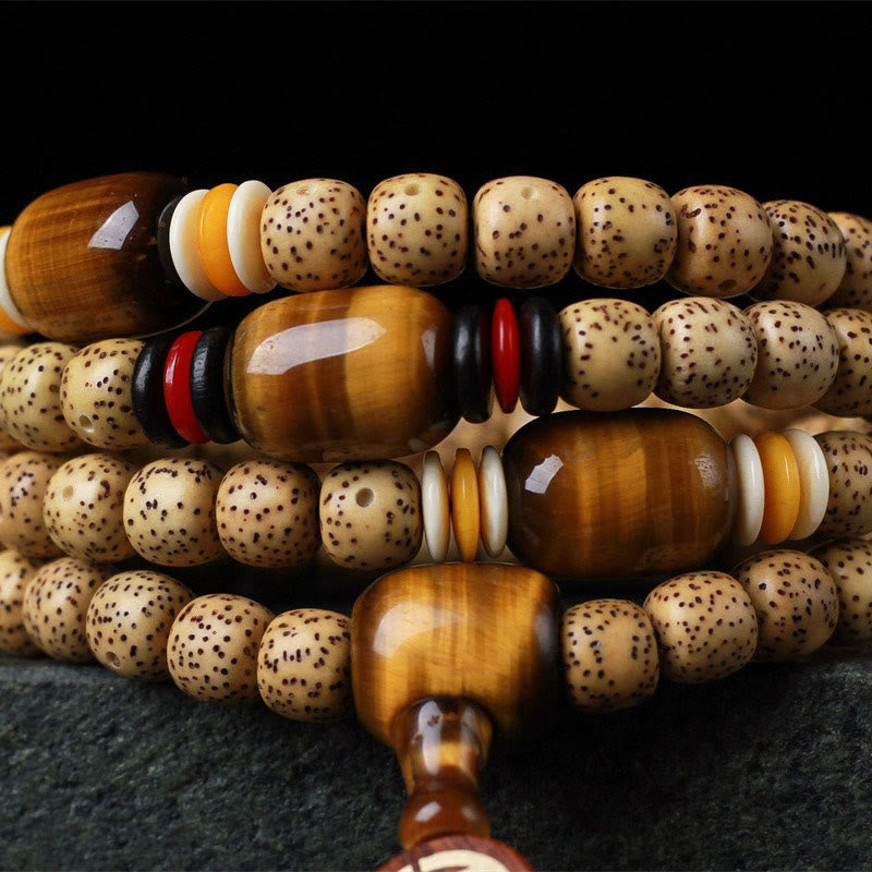 Nimara Ritual 108 Mala Beads Bodhi Seed Tiger's Eye Fu Character Peace Bracelet