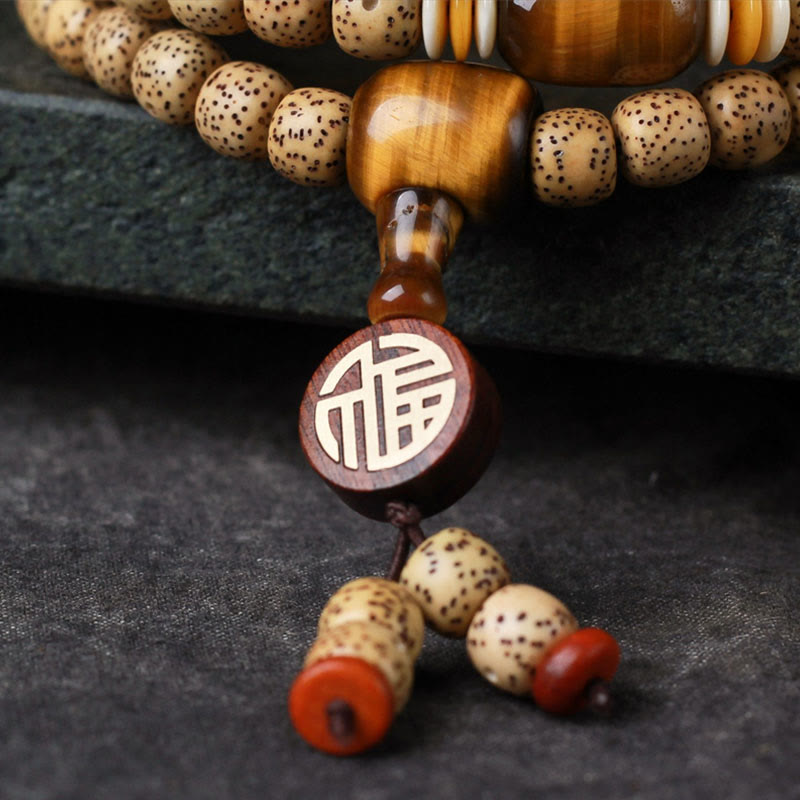 Nimara Ritual 108 Mala Beads Bodhi Seed Tiger's Eye Fu Character Peace Bracelet