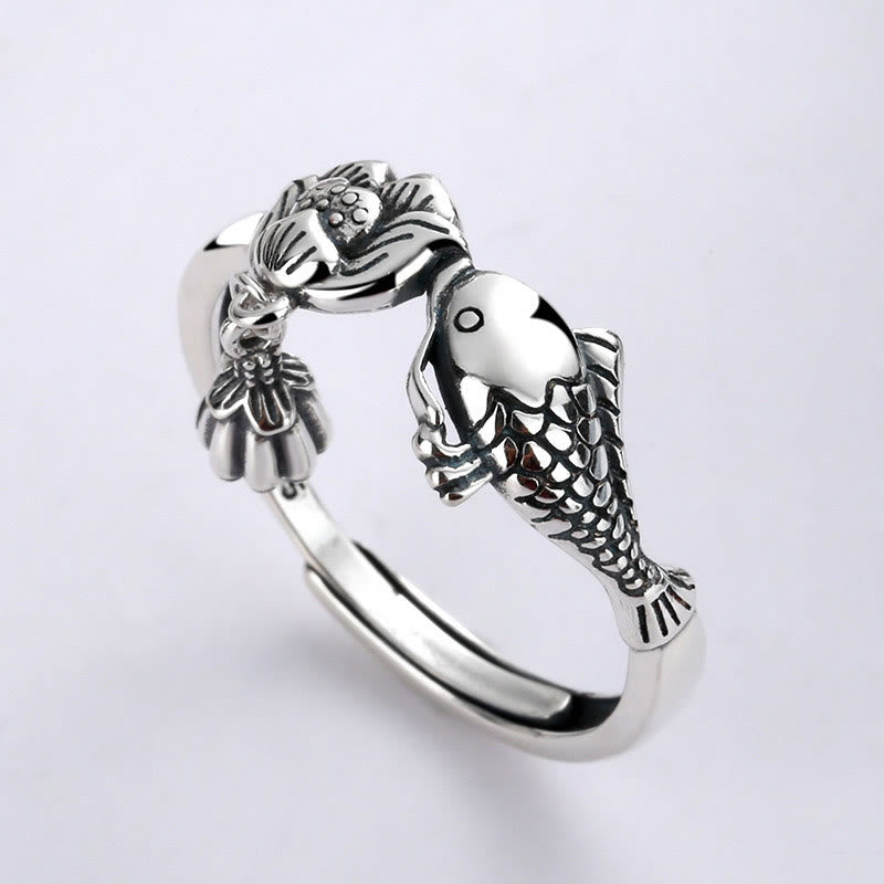 Nimara Ritual 925 Sterling Silver Koi Fish Lotus Flower Success Ring