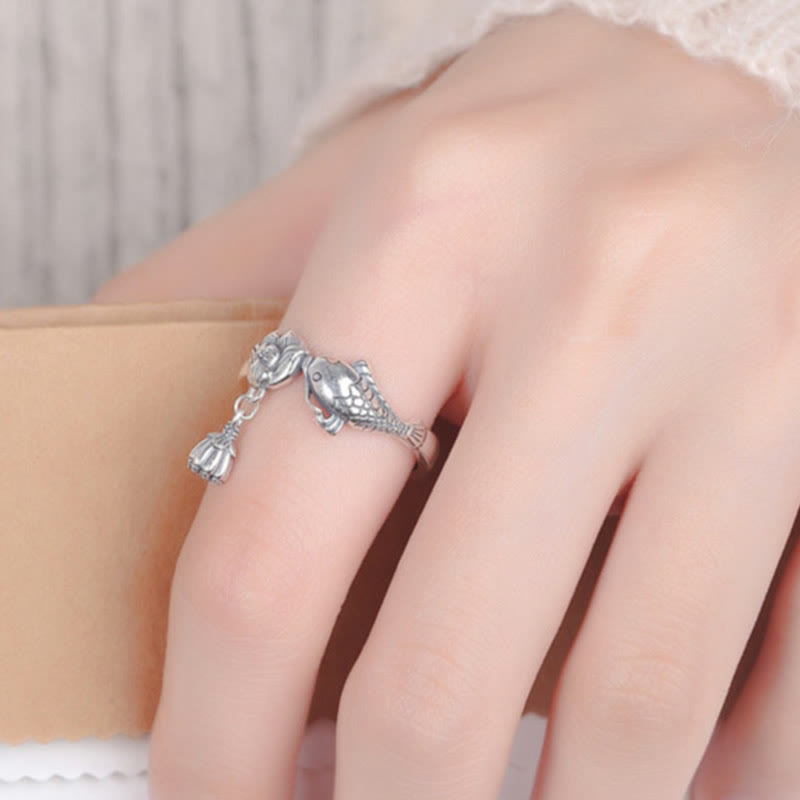 Nimara Ritual 925 Sterling Silver Koi Fish Lotus Flower Success Ring