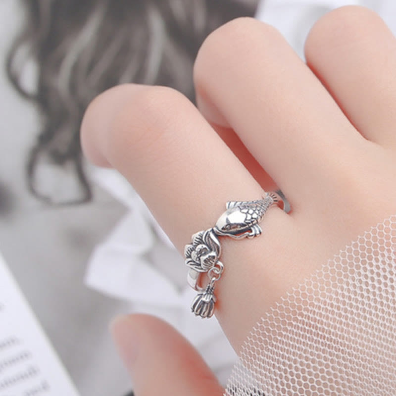 Nimara Ritual 925 Sterling Silver Koi Fish Lotus Flower Success Ring