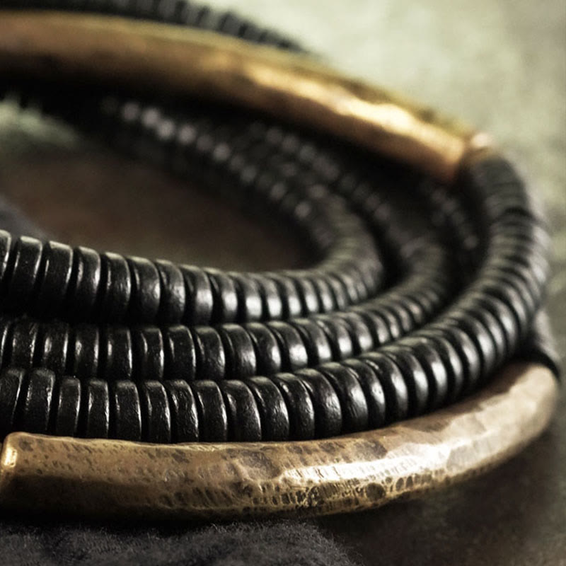 Nimara Ritual Tibetan Ebony Wood Beads Copper Peace Multilayered Bracelet