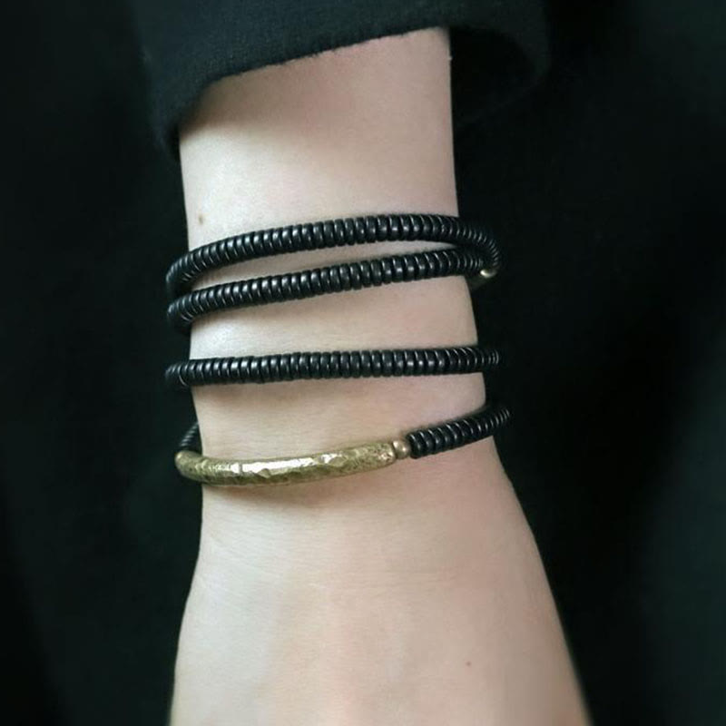 Nimara Ritual Tibetan Ebony Wood Beads Copper Peace Multilayered Bracelet