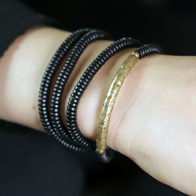 Nimara Ritual Tibetan Ebony Wood Beads Copper Peace Multilayered Bracelet