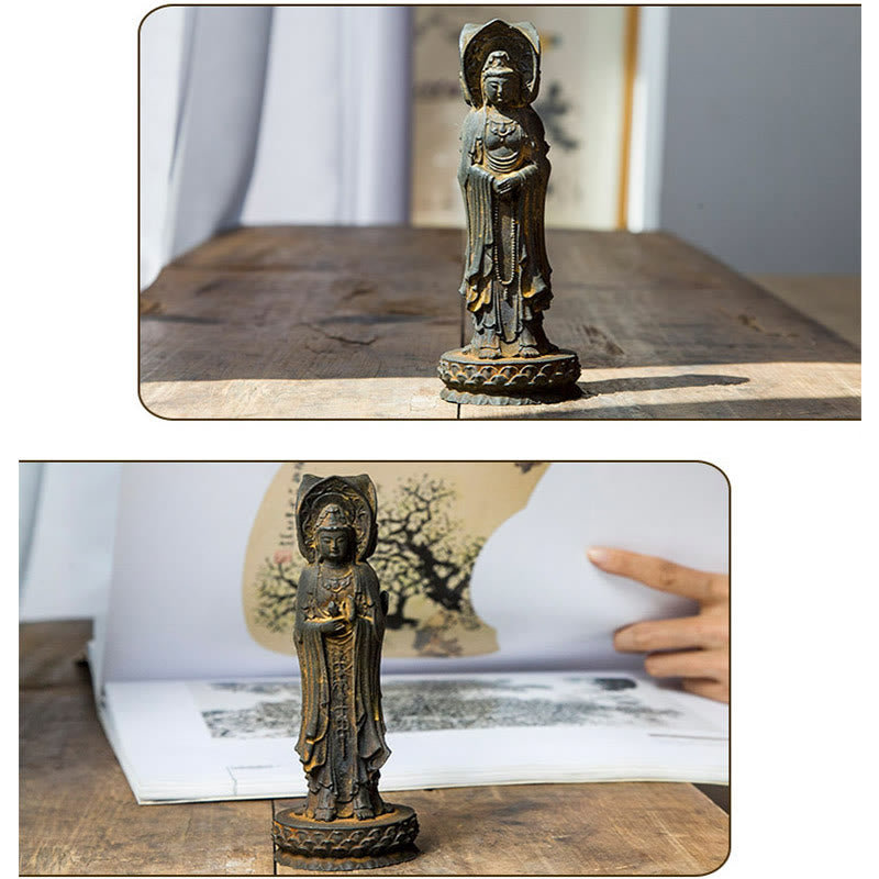 Nimara Ritual Three-sided Kwan Yin Avalokitesvara Iron Powder Rust Cast Resin Statue Wealth Desk Decoration