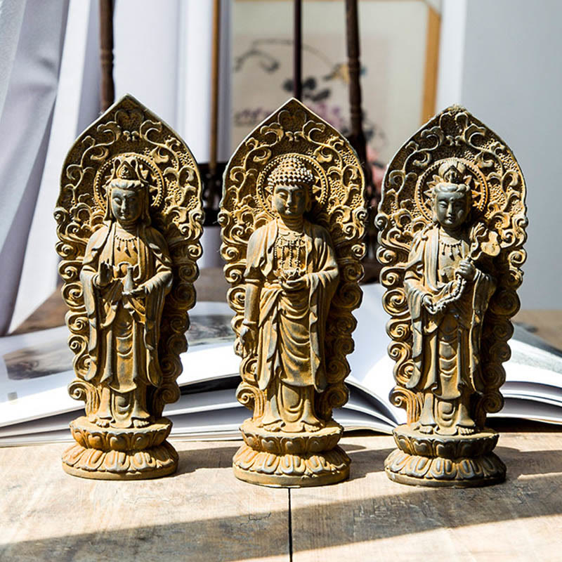 Nimara Ritual Handmade Amitabha Guanyin Avalokitesvara Mahasthamaprapta Iron Powder Rust Cast Resin Statue Decoration