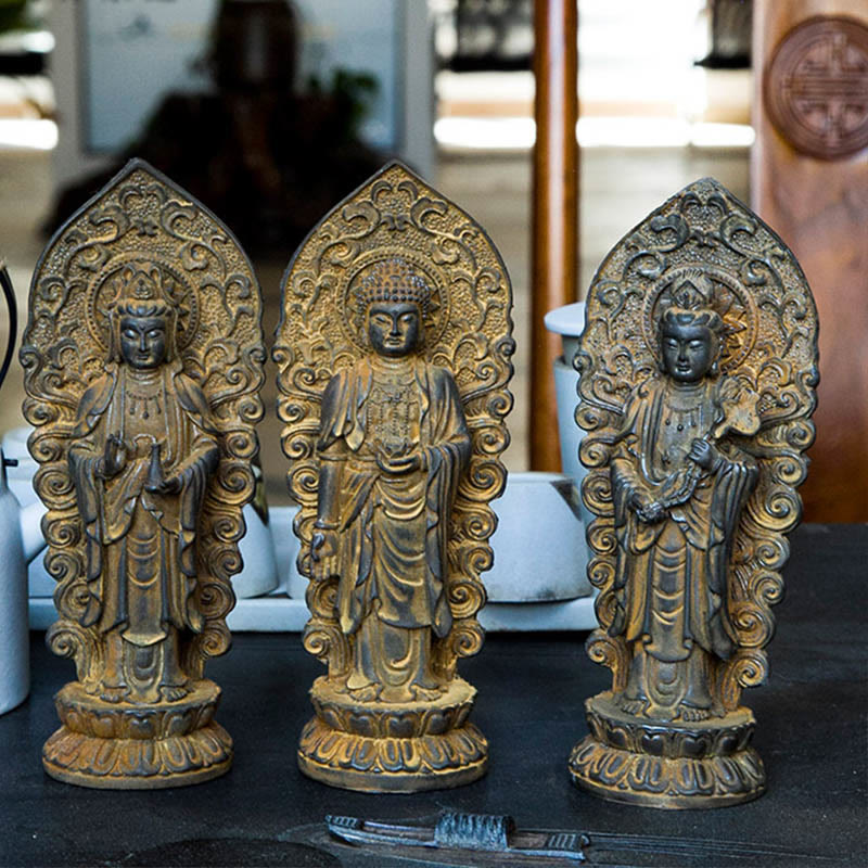 Nimara Ritual Handmade Amitabha Guanyin Avalokitesvara Mahasthamaprapta Iron Powder Rust Cast Resin Statue Decoration