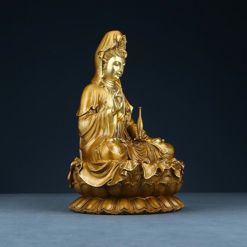 Nimara Ritual Kwan Yin Avalokitesvara Lotus Sitting Harmony Brass Copper Statue Home Altar Decoration
