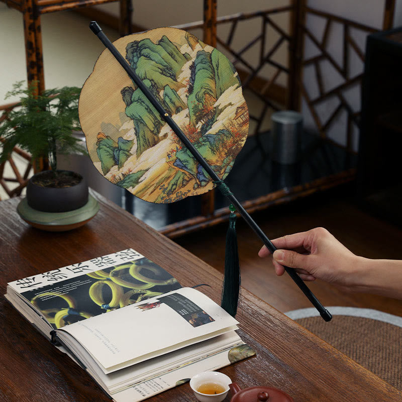 Nimara Ritual Handmade Bamboo Thousand Miles of Rivers and Mountains Long Handle Portable Curlable Fan